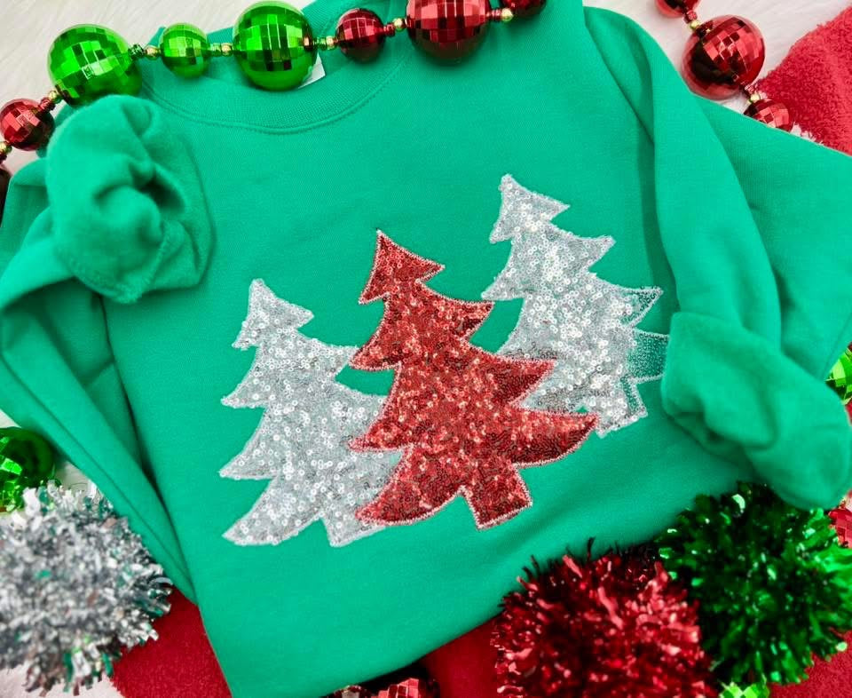 Red/Silver Sequin Tree Trio Crewneck