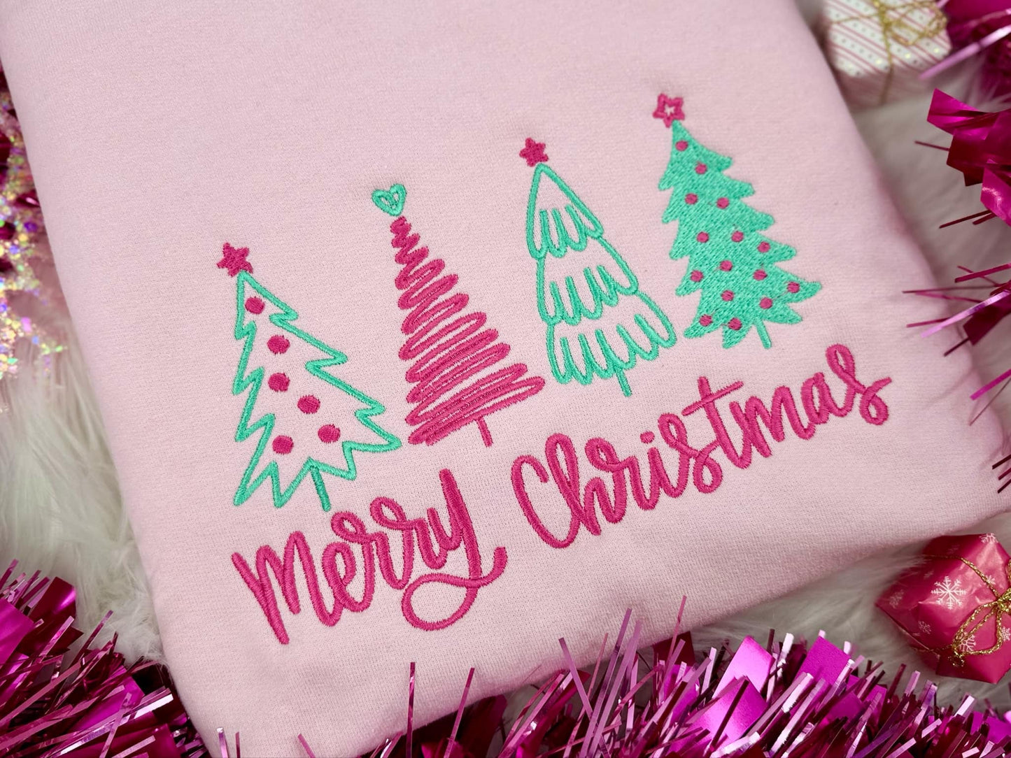 Merry Christmas Trees Pink/Mint Crewneck