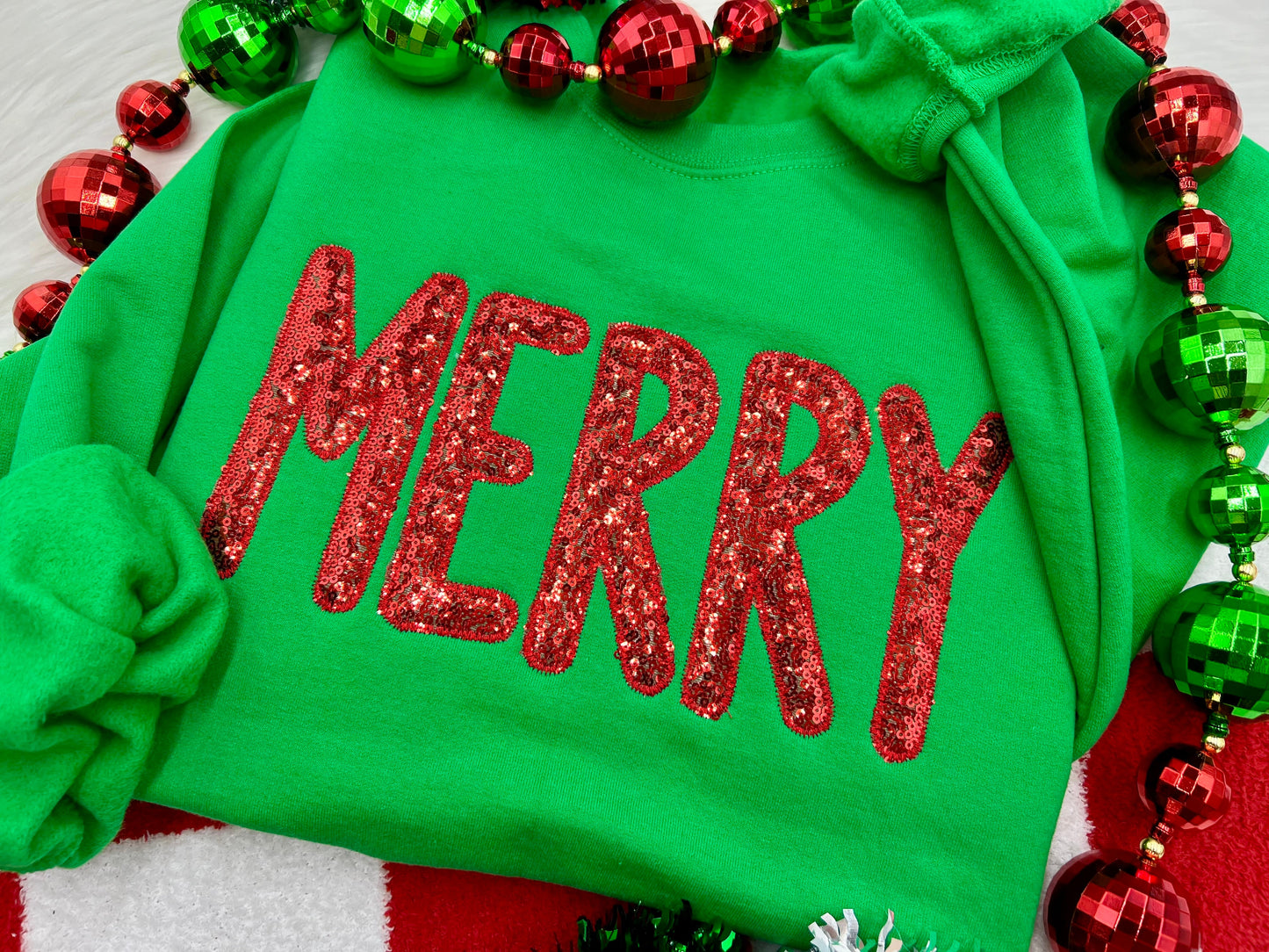 Green Merry Sequin Crewneck