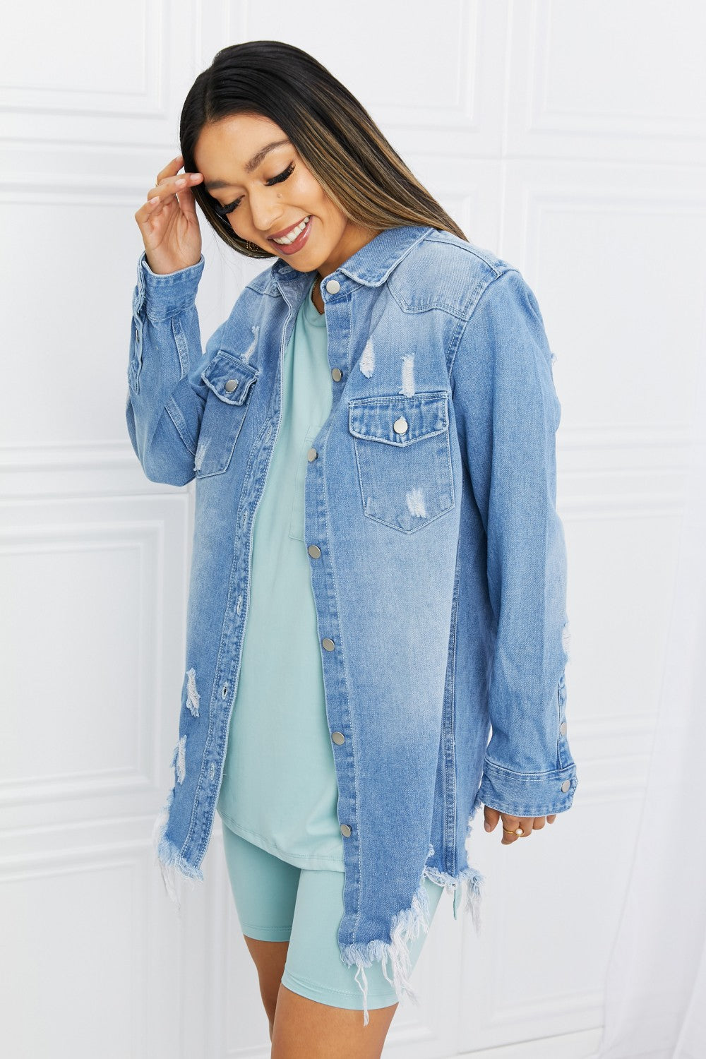 Distressed Raw Hem Denim Jacket