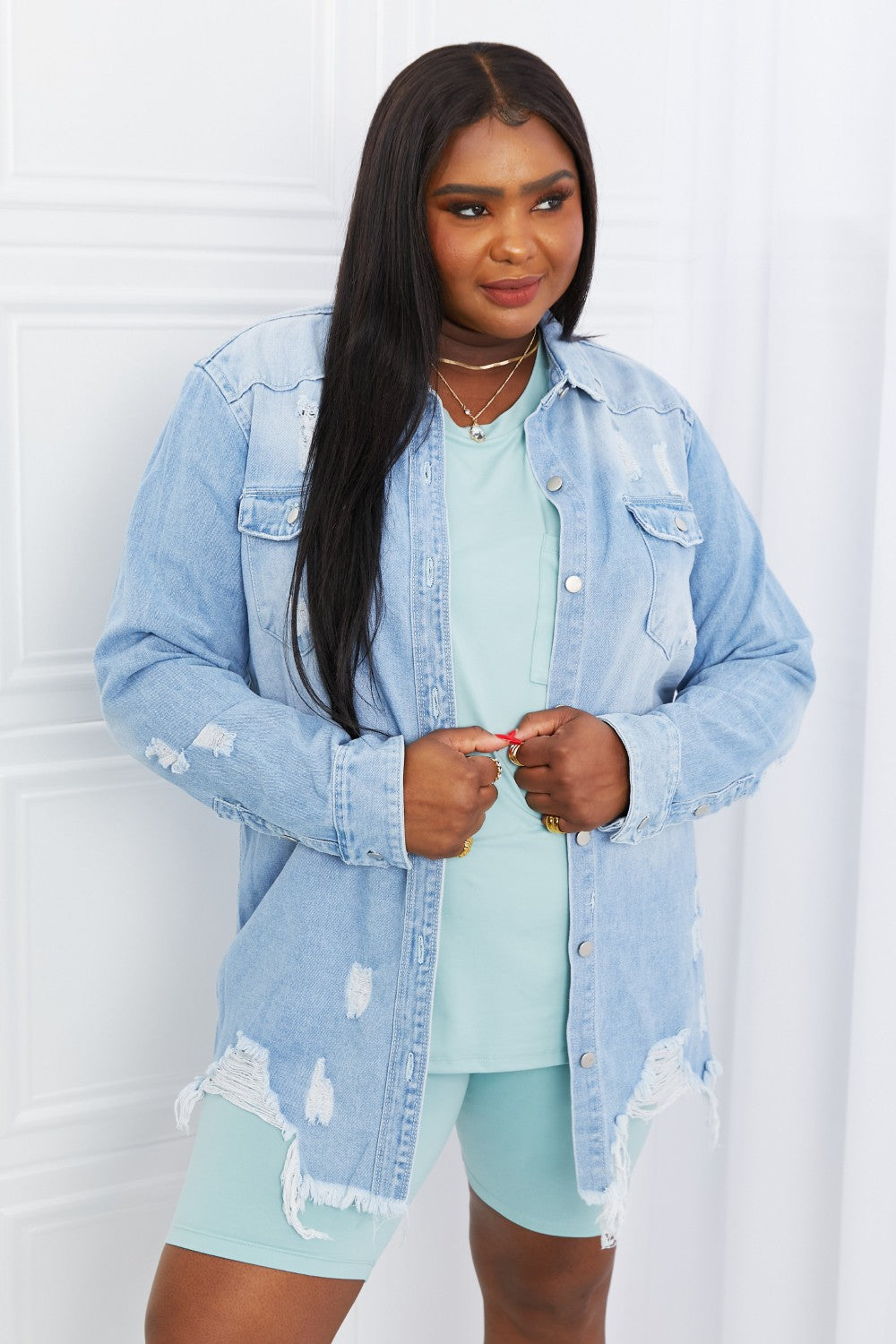 Distressed Raw Hem Denim Jacket
