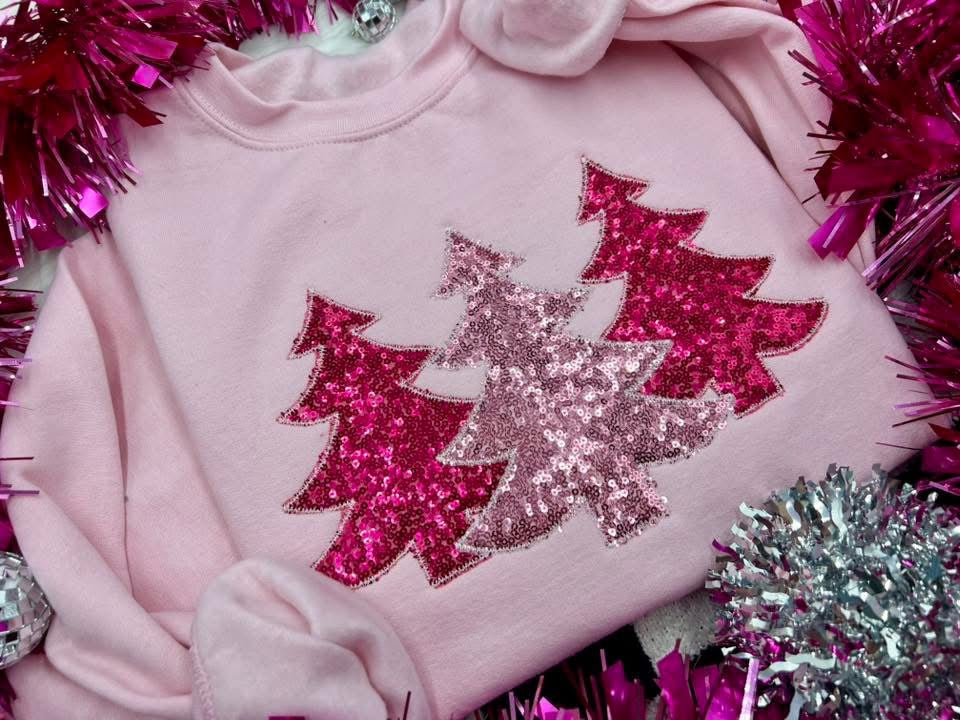 Pink Sequin Tree Trio Crewneck