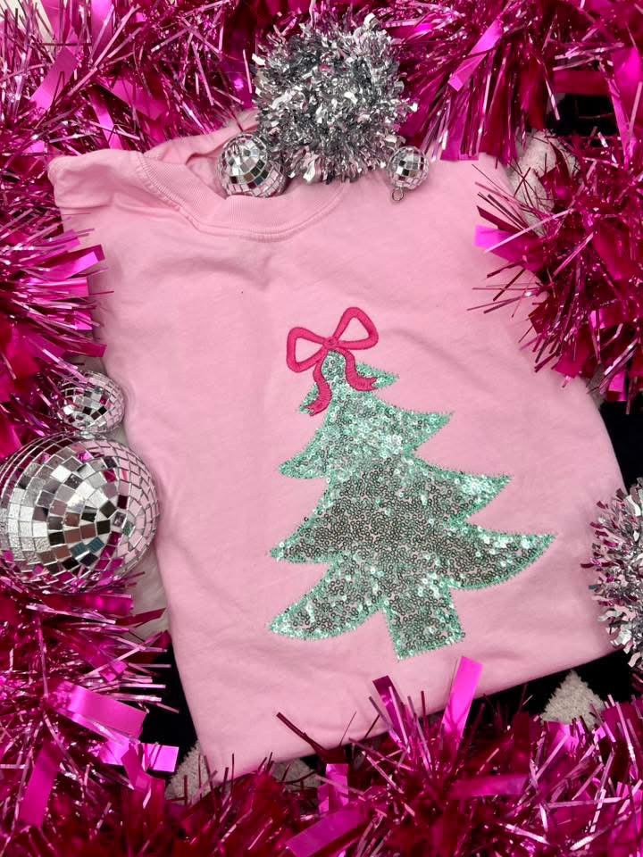 Pink Sequin Tree/Bow Crewneck