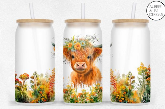 WS Highland Cow Glass Can